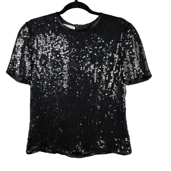 Talbots Silk and Sequin Blouse Black Short Sleeve Back Zipper Women's Size Small - Picture 1 of 12